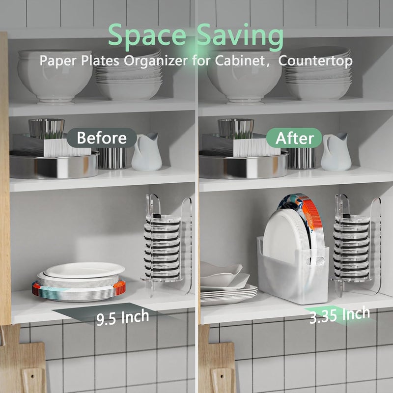 TOWARDFUN Store 2Pcs Paper Plate Dispenser for 6-9.5 Inch Disposable Plates, Space-Saving Plastic, Foam and Paper Plate Storage Organizer for Cabinet, Countertop, RV or Outdoor (Transparent) - Image 2
